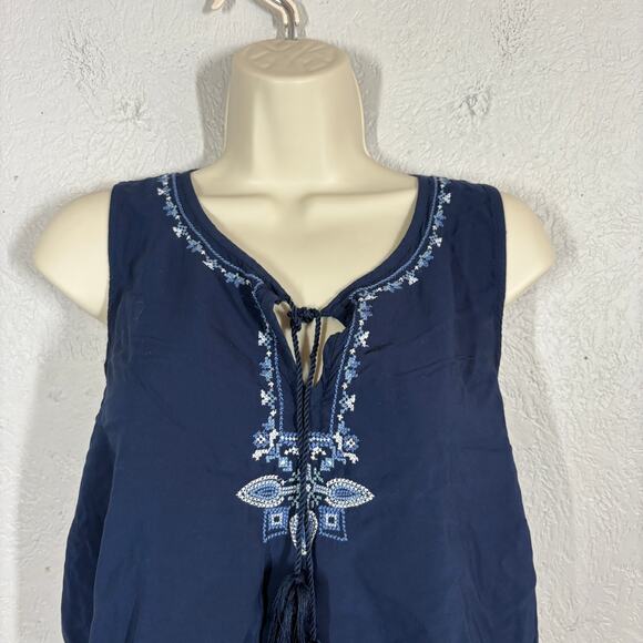 J Jill Halter Dress Navy Blue Embroidered Trim Keyhole Sleeveless Spring - M - Picture 6 of 9
